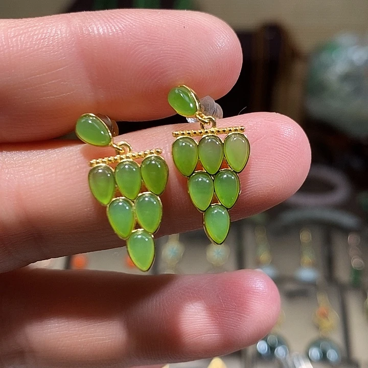 和田玉银S925镀金镶嵌耳饰