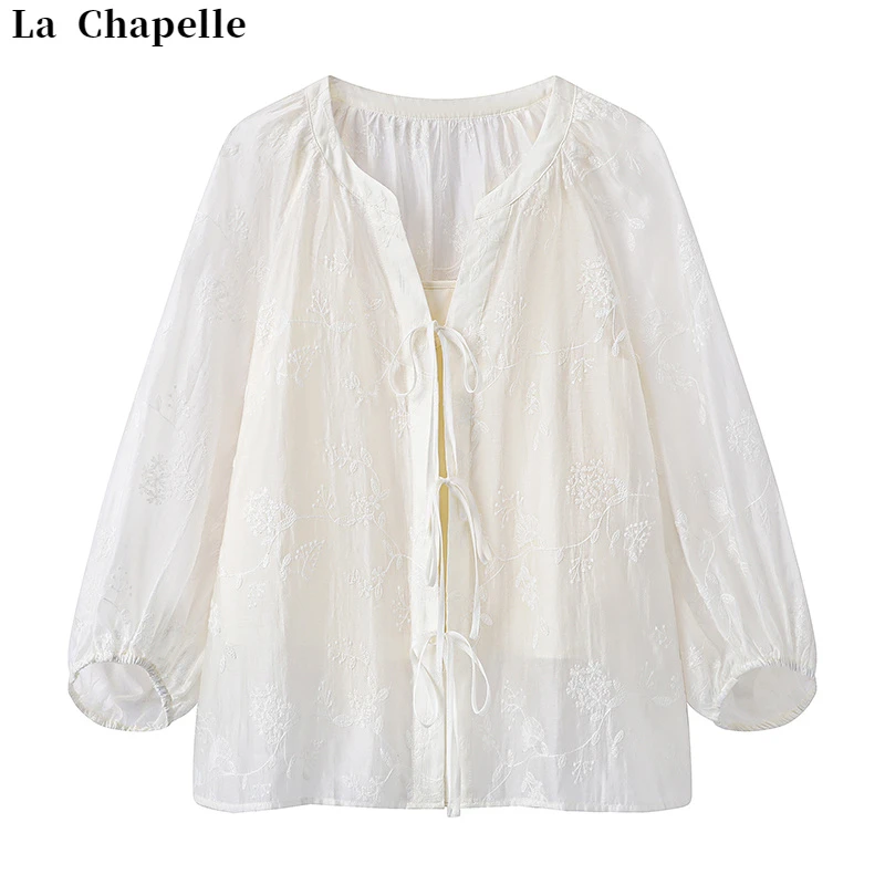 La Chapelle/拉夏贝尔V领衬衫复古灯笼袖田园防晒衣宽松文艺绣花