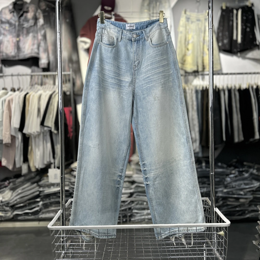 实体TIM牛仔裤夏季新款刮烂破洞裤脚重工洗水经典浅蓝牛仔裤9055