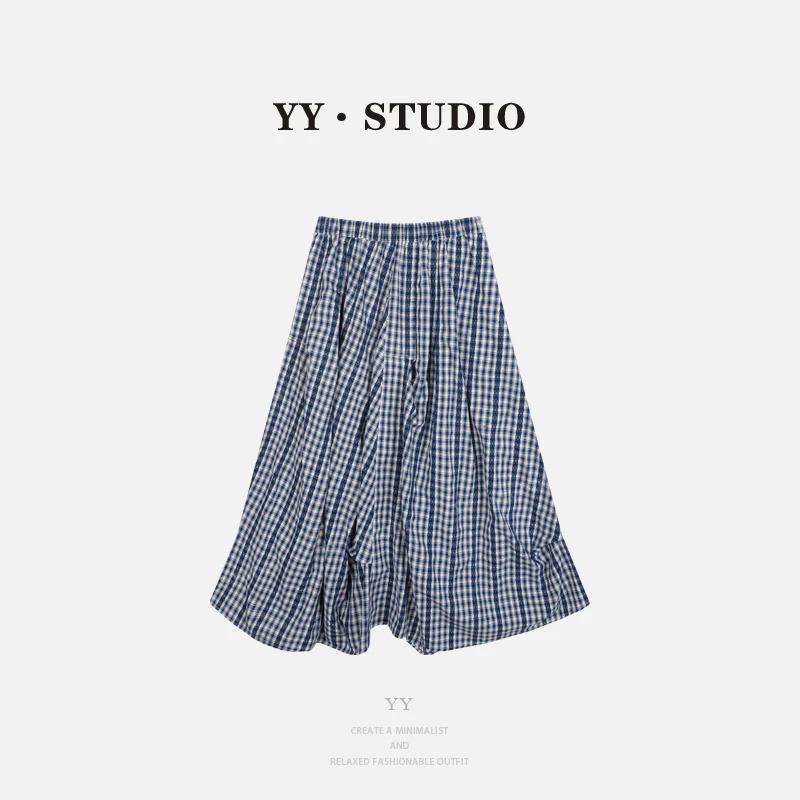 【山间经纬】显瘦气质松紧腰蕾丝不规则格子半身裙YY-3956