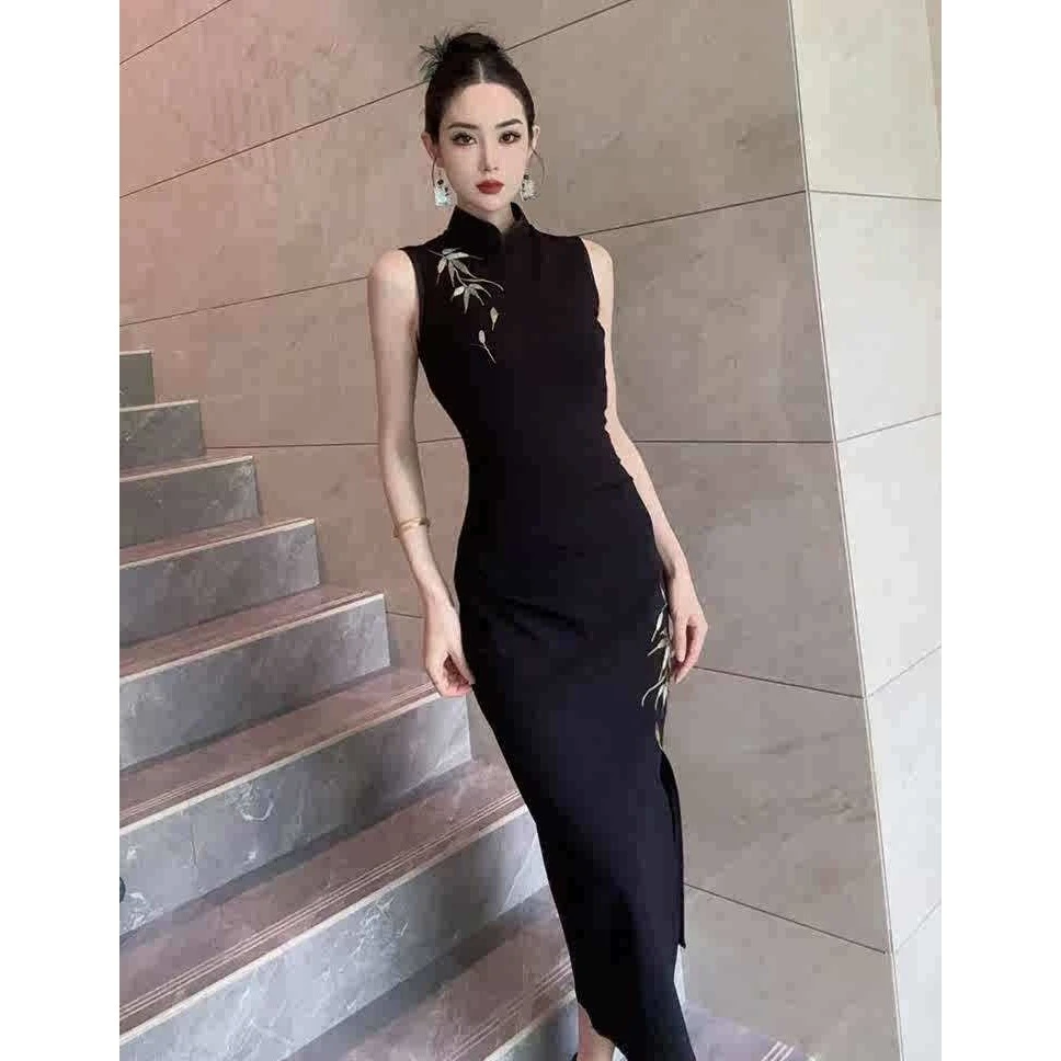 2025夏季新款今年流行爆款新中式国风改良旗袍巨好看的黑色连衣裙