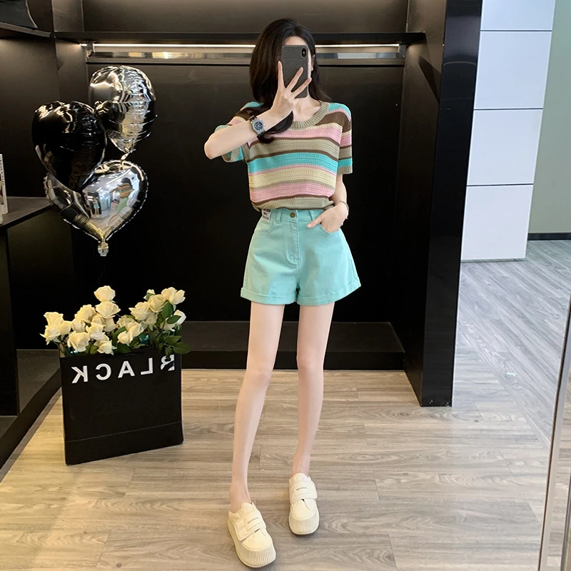 复古港风时尚休闲套装女2025夏季新款条纹针织套头衫短裤两件套潮