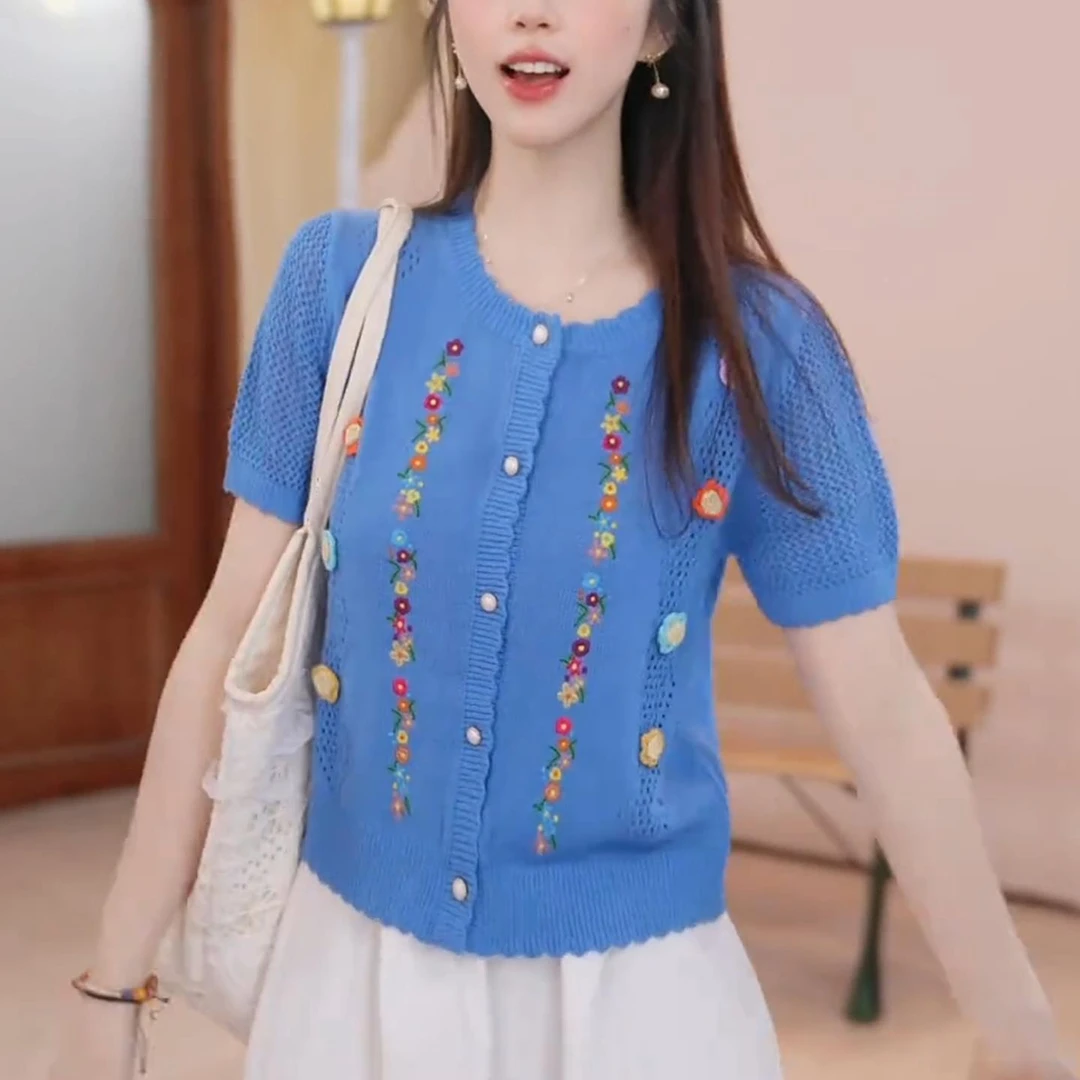 LOzP2025夏季新款韩系时尚气质设计感重工T恤短袖针织衫女高级感