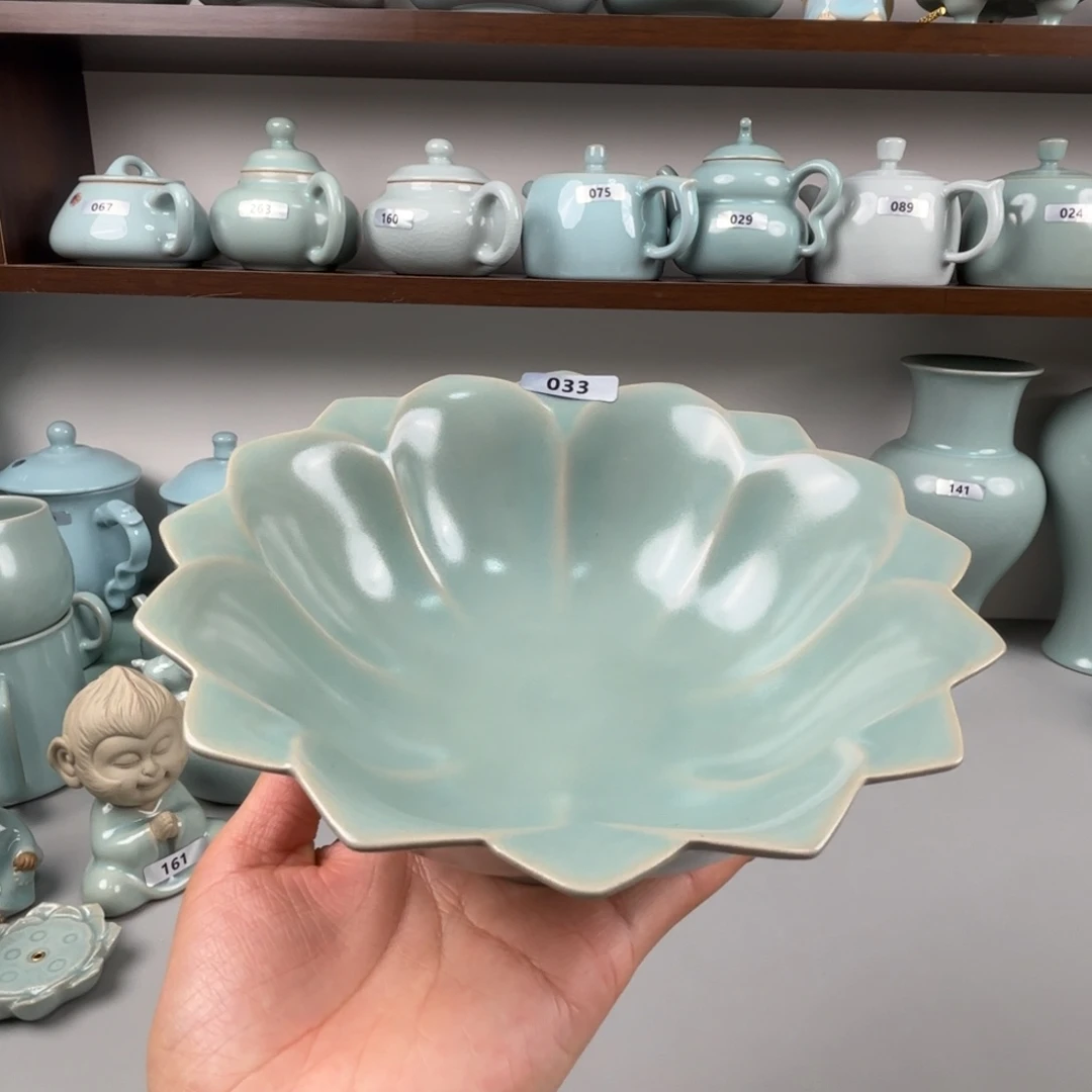 摆件陶汝瓷莲花高足果盘支钉烧仿古釉微瑕033