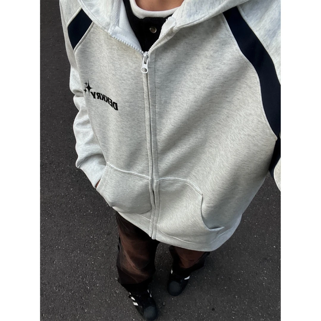 美式潮流设计感字母印花开衫连帽卫衣男休闲插肩拼色拉链款外套