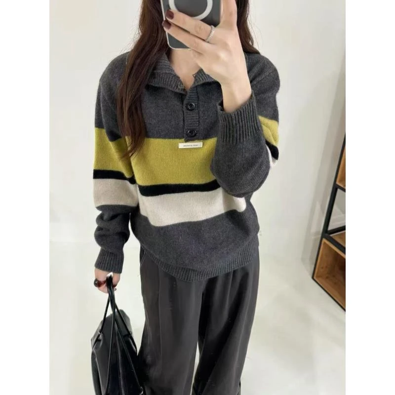 83070#美式复古翻领条纹羊毛针织衫宽松显瘦撞色毛衣学院风上衣