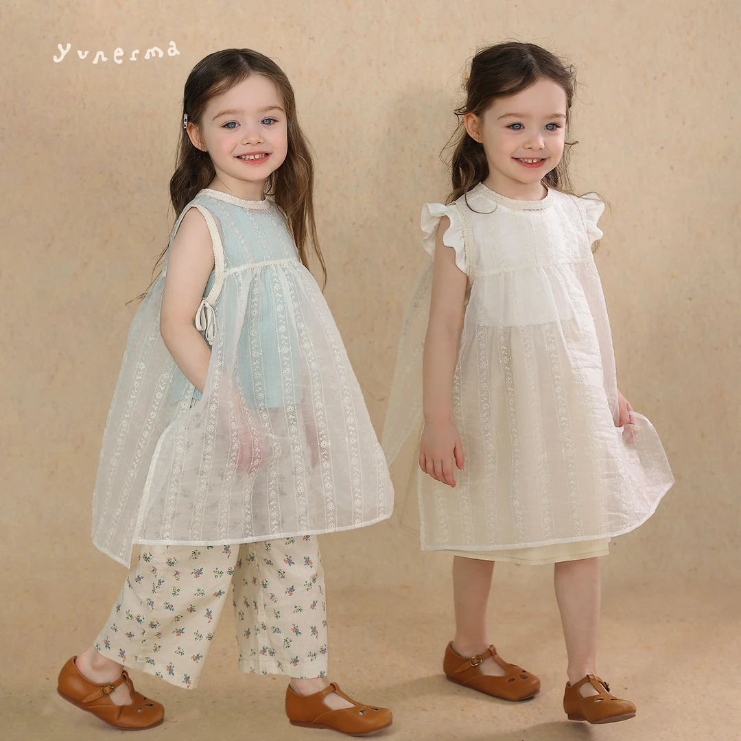 允儿妈女童韩系小众刺绣蕾丝罩裙背心裙宝宝洋气连衣裙儿童套装潮