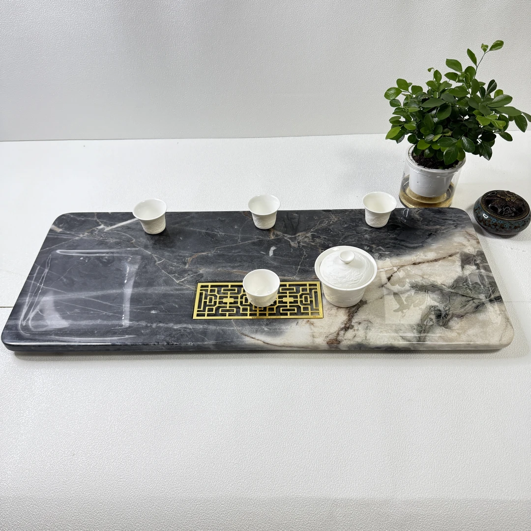 桌面专用带排水天然大理石奢石办公室复古茶具手工器具茶道茶盘