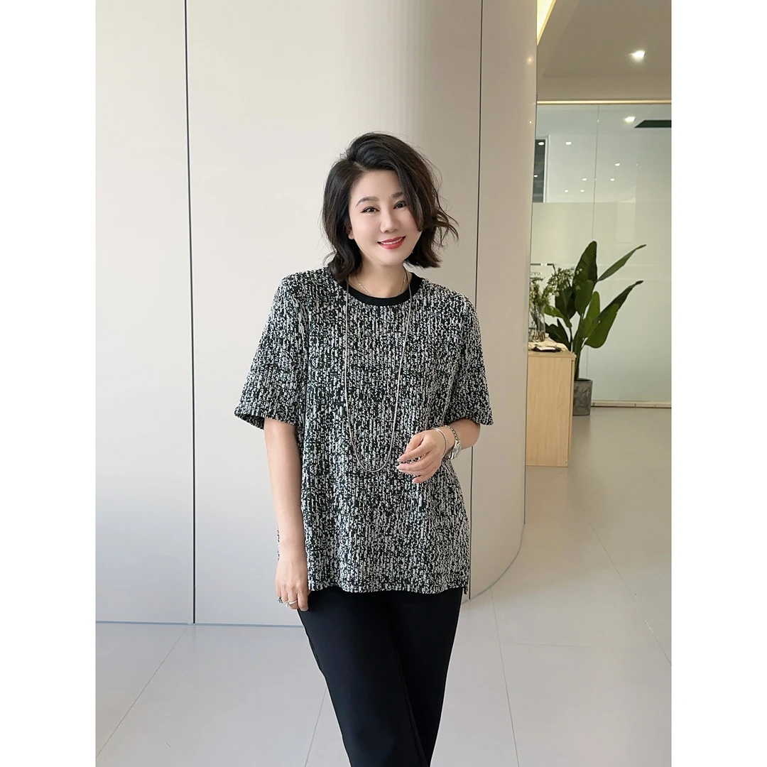 微胖女装【镜花水月】罗纹领花料开衩半袖T短袖春季显瘦上衣20623