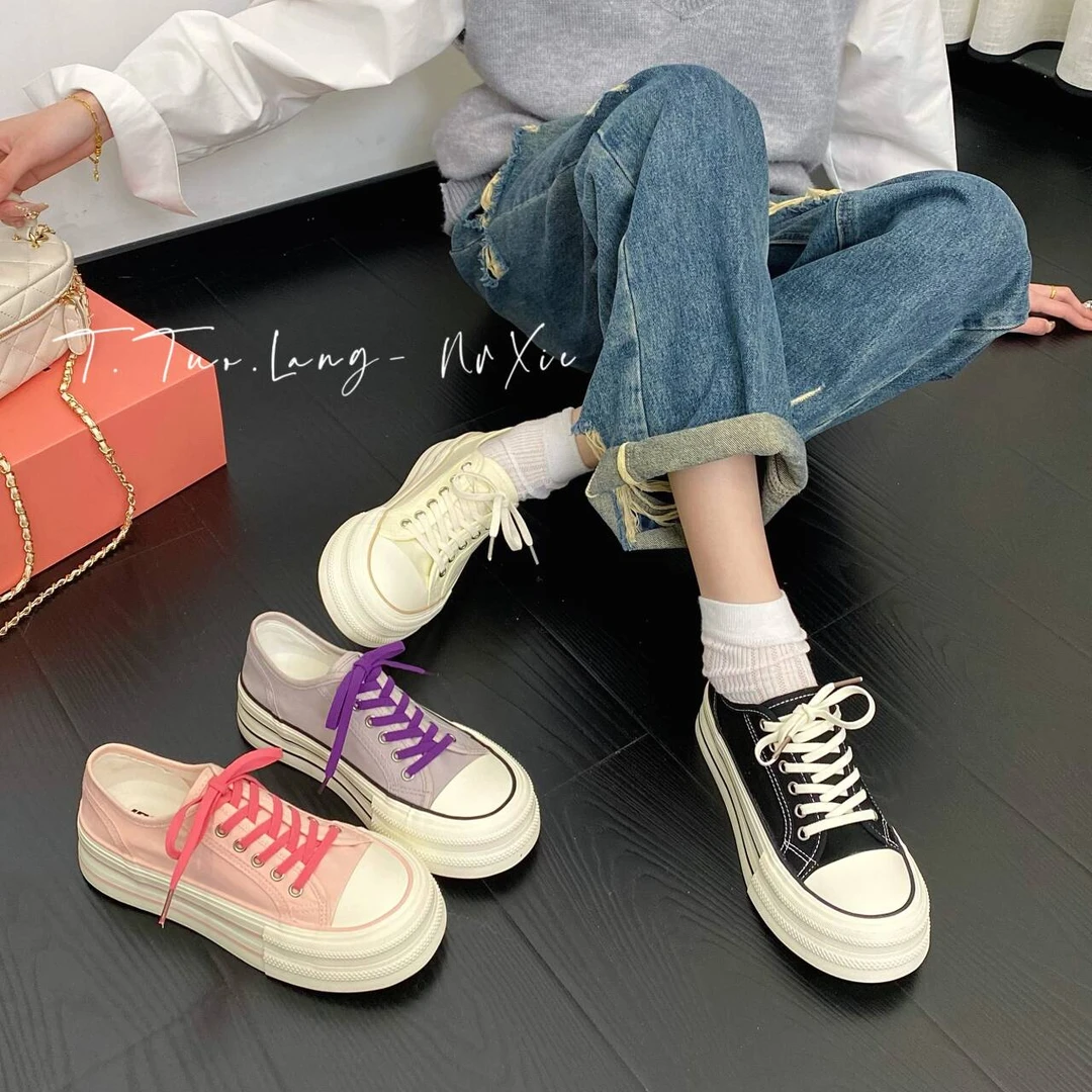 欧若风【现货】厚底帆布鞋女百搭2025新款低帮春夏韩版时尚休闲板鞋