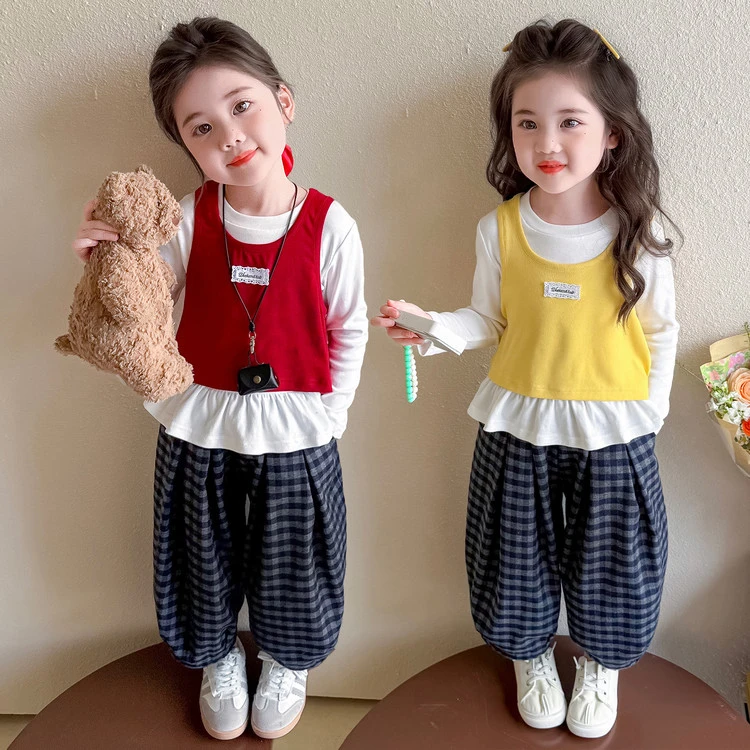 女童三件套春秋装2025新款小童洋气时髦儿童秋装女宝宝格子裤三件