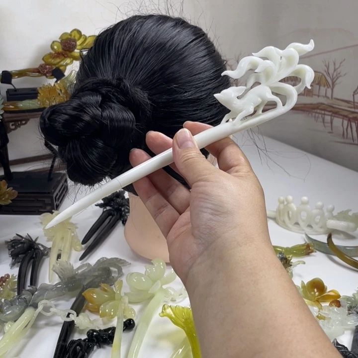 短***腰岫玉未镶嵌发饰手工一体雕刻