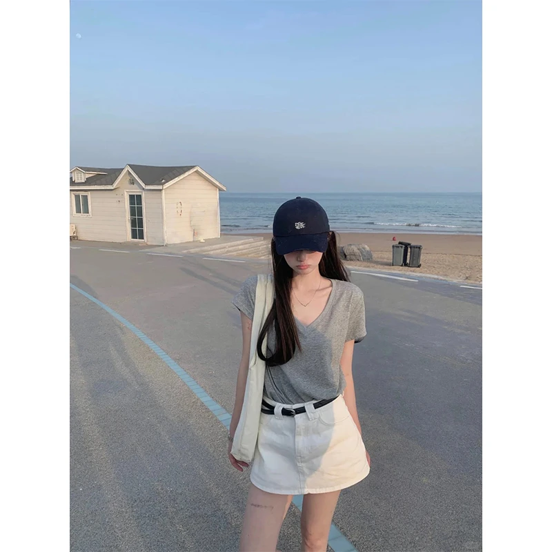 极简风V领高级灰收腰正肩T恤上衣夏季新款百搭显瘦气质半身裙短裙