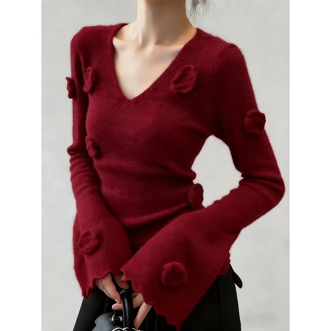 红色V领重工花朵修身内搭针织衫女2025新款绝美巨好看早秋季上衣