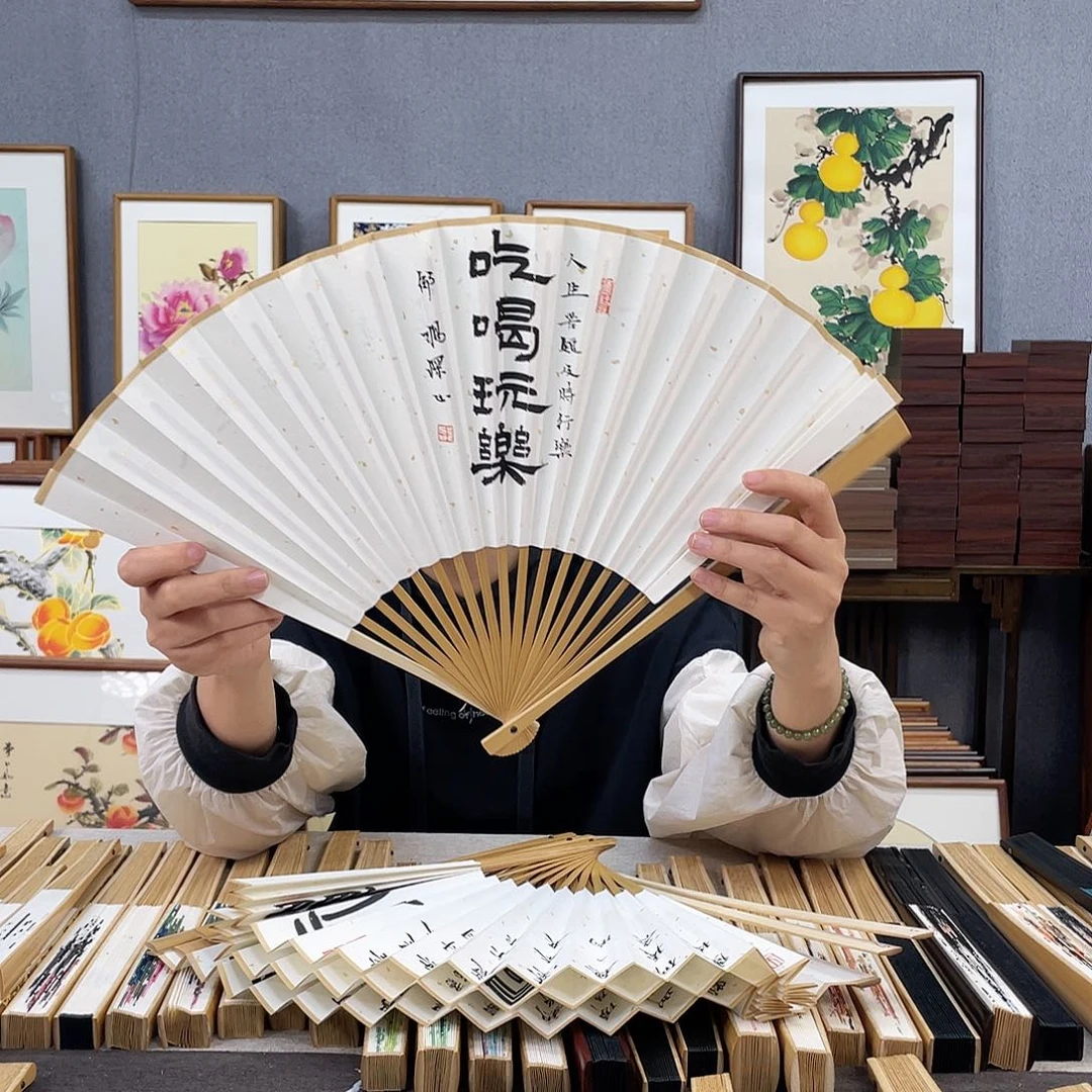 国画95寸玉竹-纯手绘-文玩扇骨（默认粘好）吃喝玩乐