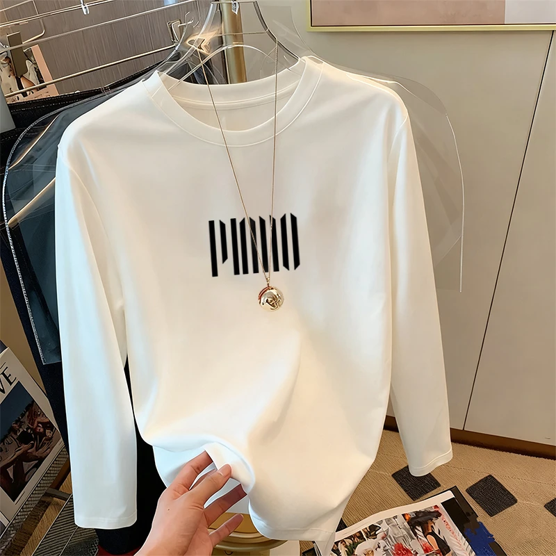 正肩纯棉圆领白色长袖t恤女春秋新款时尚洋气显瘦内搭打底衫上衣