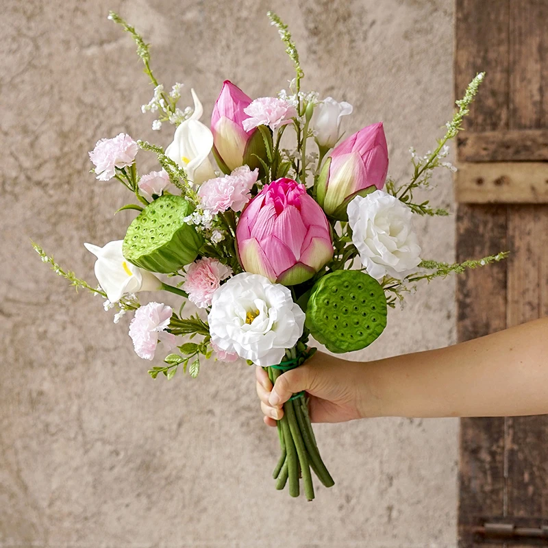 野岛 荷花仿真花束客厅餐桌莲花手捧花假花摆件装饰插花道具摆设