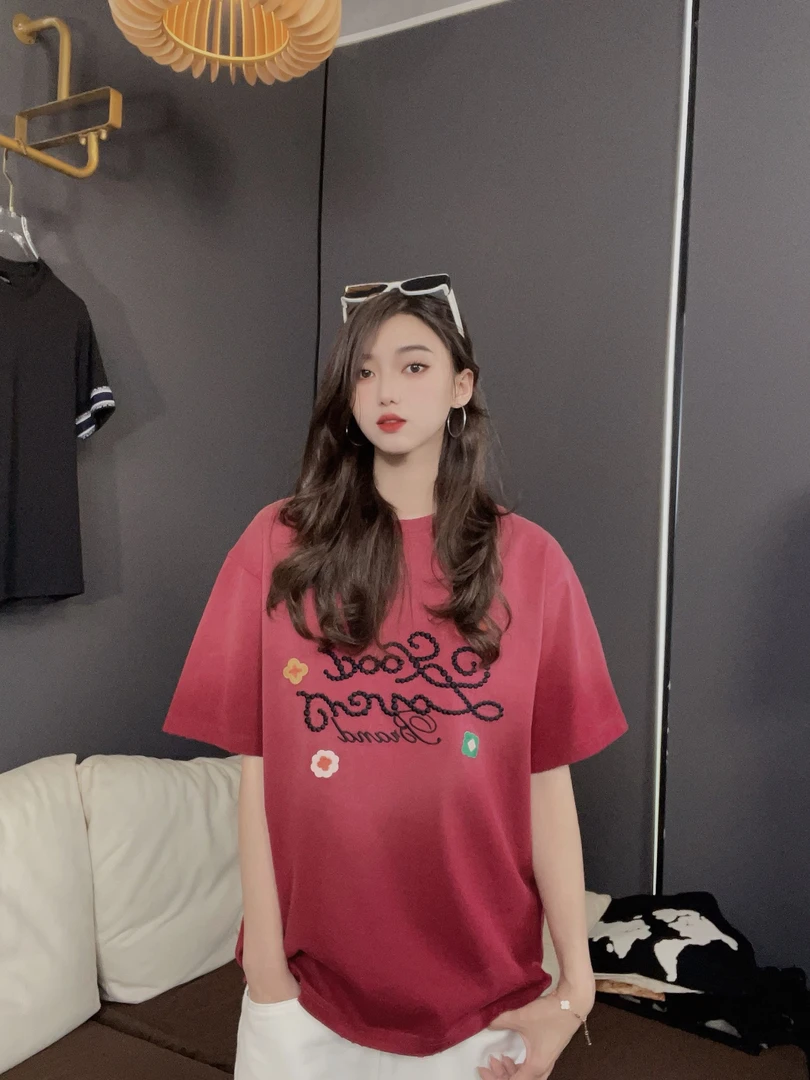 T6678ins时尚潮流圆领五彩缤纷刺绣短袖t恤情侣休闲