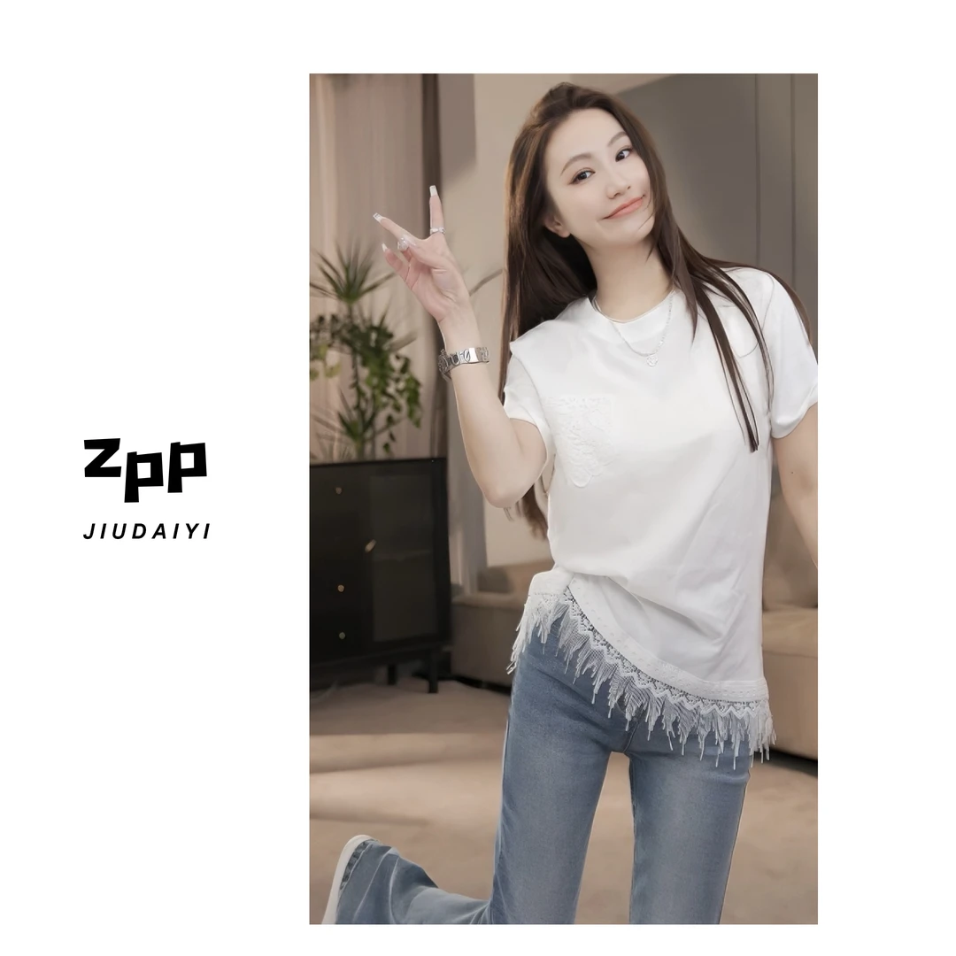 玖黛衣【流苏T】新款春夏季时尚纯色简约下摆流苏百搭T恤TXP38118
