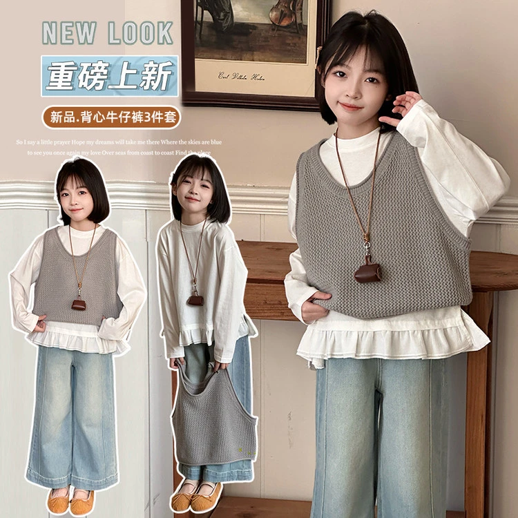 2025女童韩版春款套装儿童森系打底衫女孩蕾丝花边马甲裤子三件套