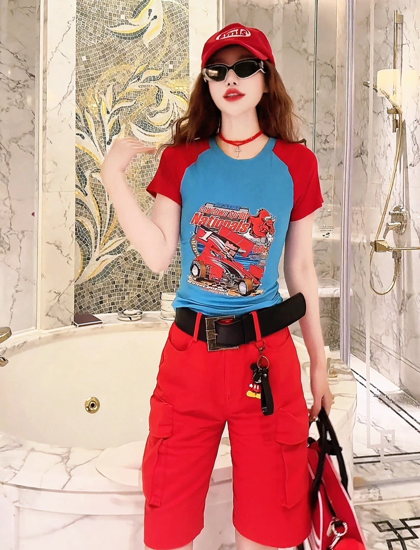 x3247 CC推荐 美式辣妹插肩撞色赛车短袖t恤