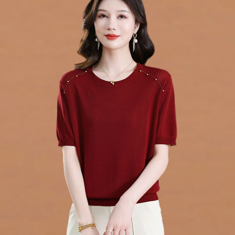 冰丝短袖t恤女2025新款夏季妈妈薄款针织衫宽松显瘦上衣洋气小衫