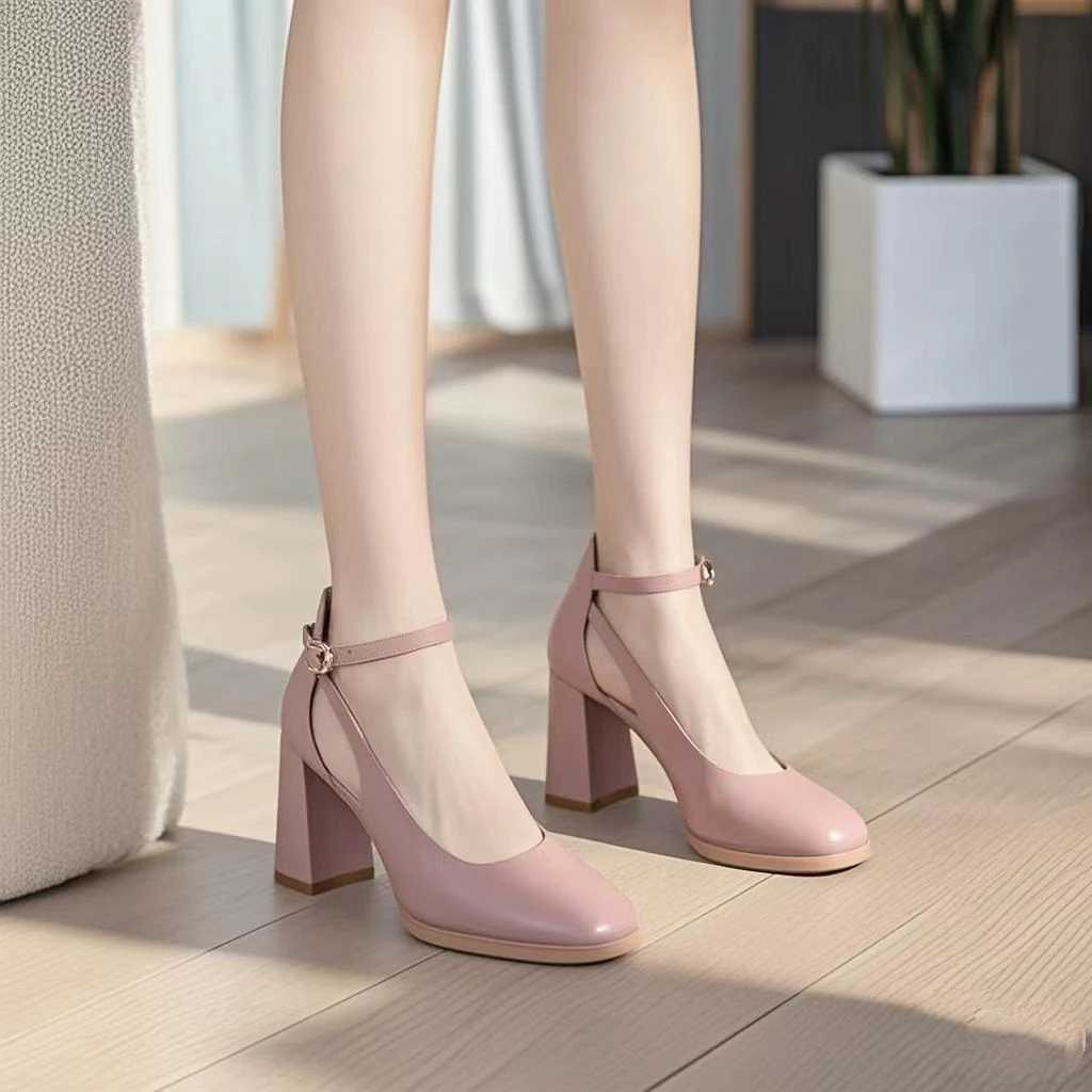 粗跟单鞋韩版时尚小皮鞋2025夏季新款圆工作鞋高跟鞋女圆凉鞋女鞋