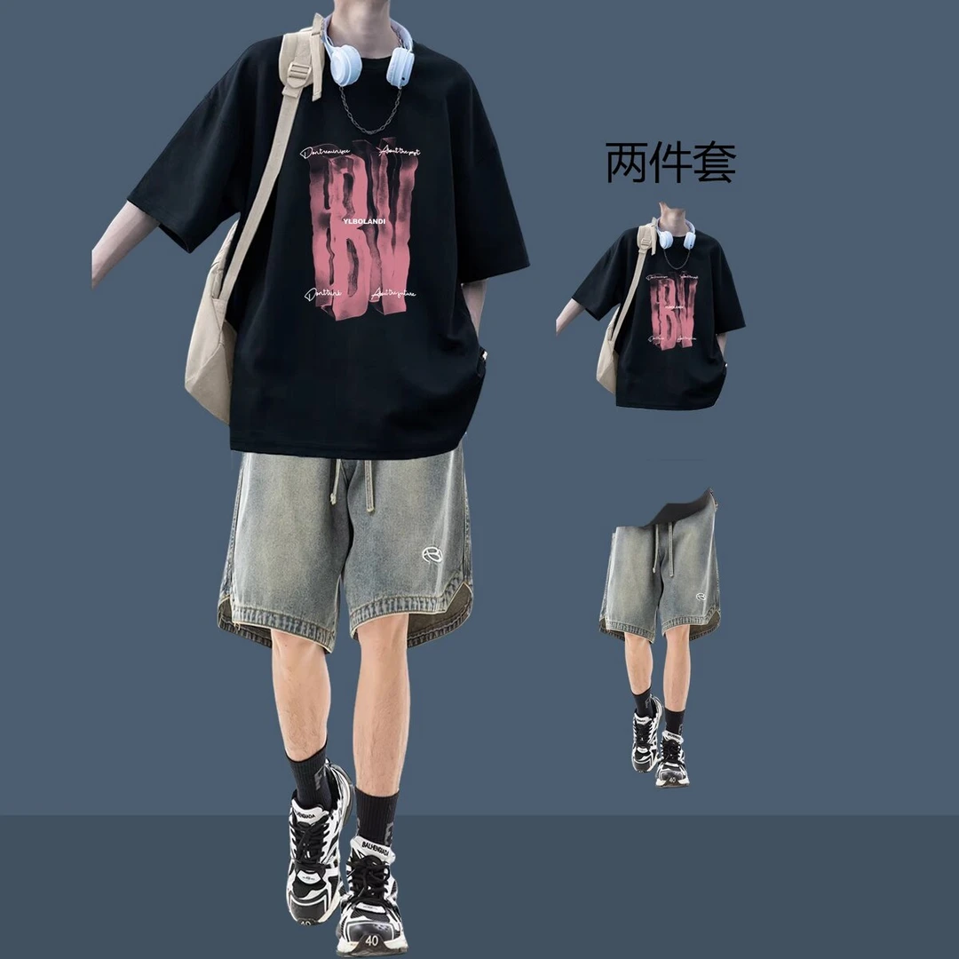 夏季学生短袖T恤男生套装痞帅气日常穿搭高街牛仔短裤两件套潮流