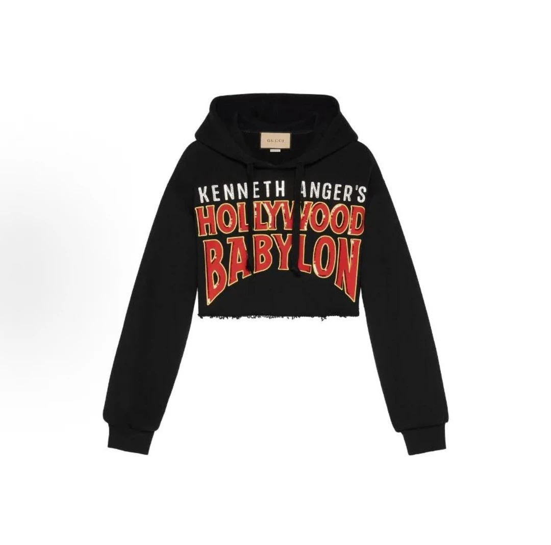 未使用 GUCCI/古驰 黑色连帽 好莱坞系列 短款卫衣 手工亮片字母