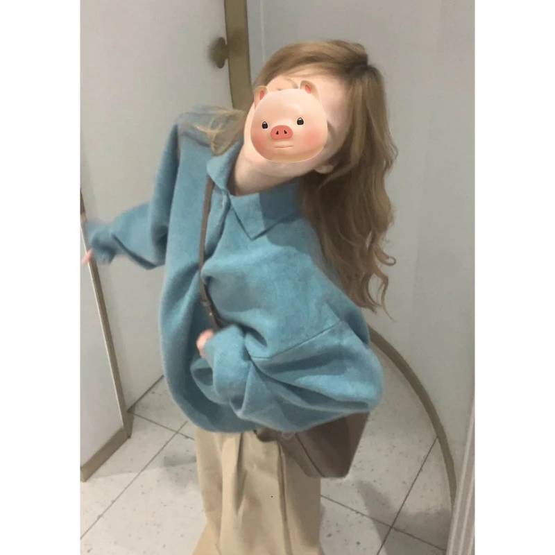 法式翻领蓝色套头毛衣女2025新款秋冬季加厚保暖慵懒风针织衫上衣