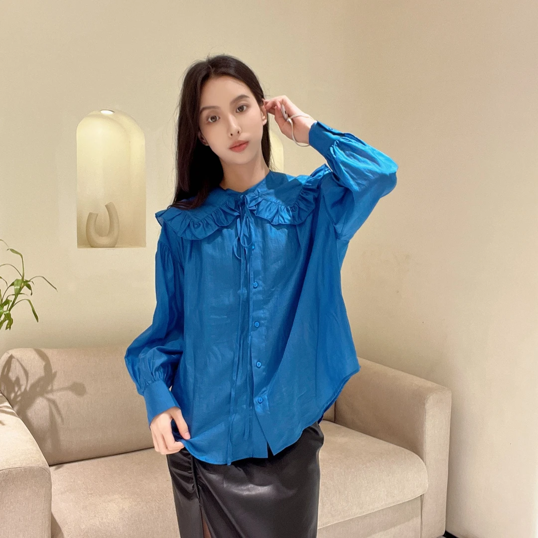 【女装优选】欧海一生大翻领衬衫垂坠感蓝色木耳边上衣T5093VC12202