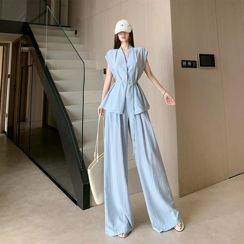 CHIC 洋气时髦百搭气质棉麻套装纯色系带无袖显瘦上衣高腰阔腿裤