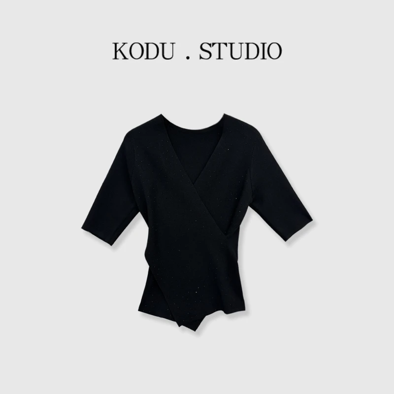 S【刻度KODU】MT-5195夏季气质修身交叉不对称V领五分袖亮钻针织衫