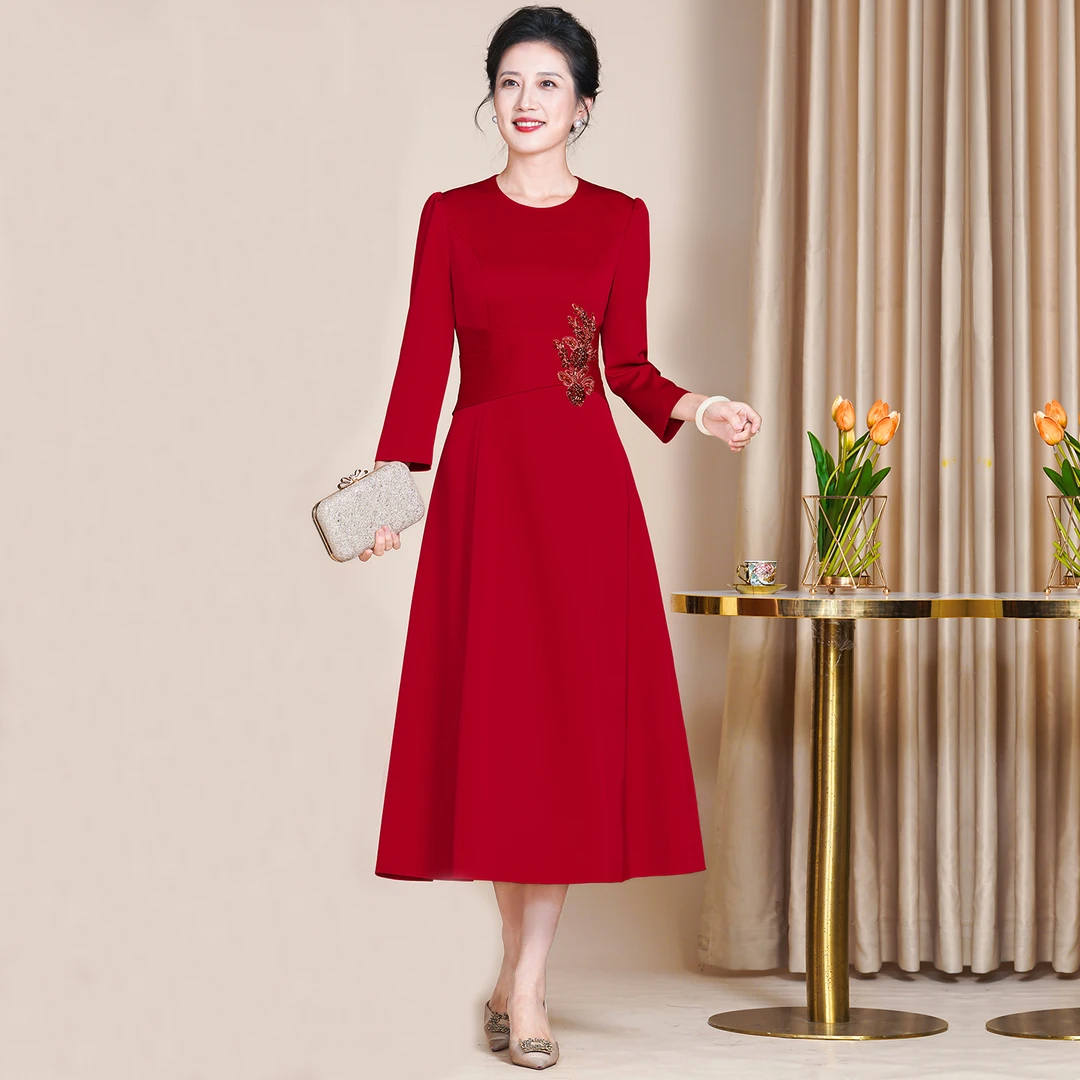 旗袍春秋冬喜婆婆婚礼连衣裙新中式喜妈妈宴会女装中国风显瘦礼服