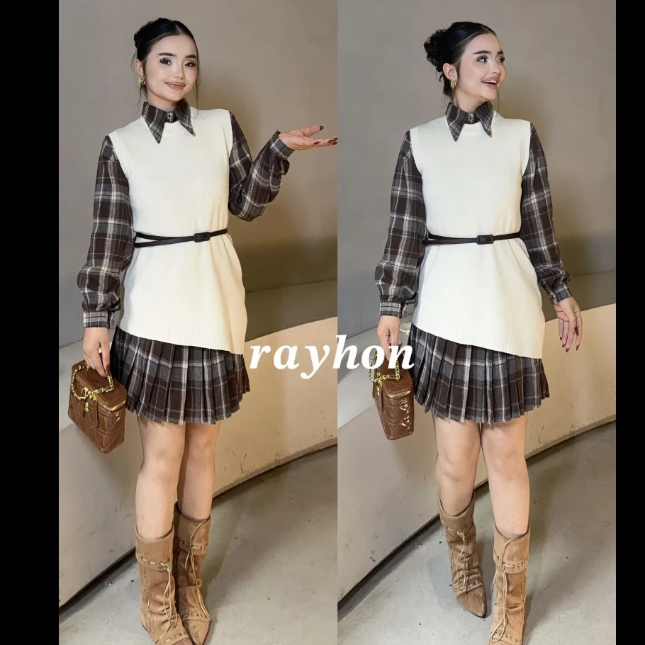 Rayhon时尚气质学院风复古格子衬衫套装