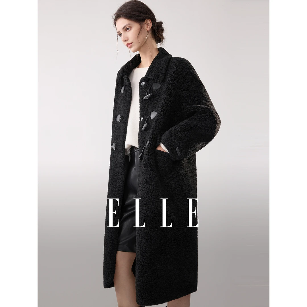 ELLE学院风牛角扣长款毛绒外套女2025冬季设计感气质大衣EF53017