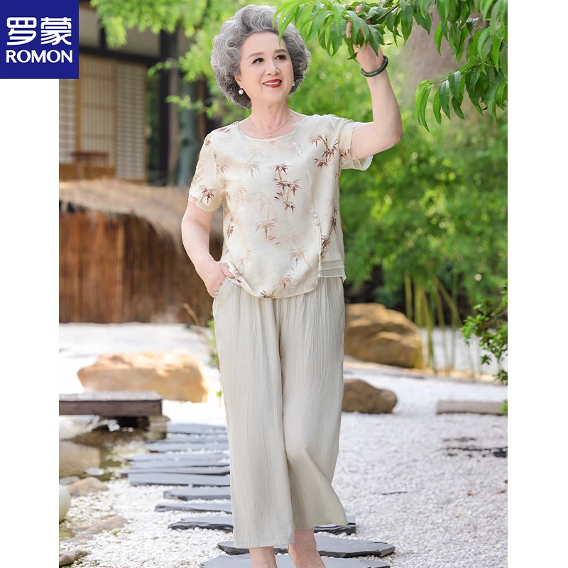 简溪中老年妈妈夏装时尚短袖T恤套装老年人奶奶夏季宽松洋气衣服