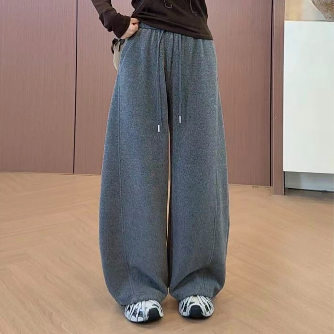 加绒羊毛呢阔腿弯刀裤女秋冬2025新款松弛感高腰宽松休闲香蕉裤子