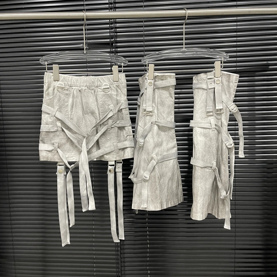 付新博女装正洳小众做脏织带设计半身裙＋腿套短裙女12776