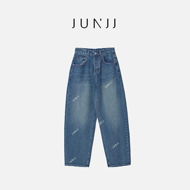 JUNJJ【弯刀牛仔裤】新款显瘦水洗复古直筒蓝色牛仔裤女宽松裤