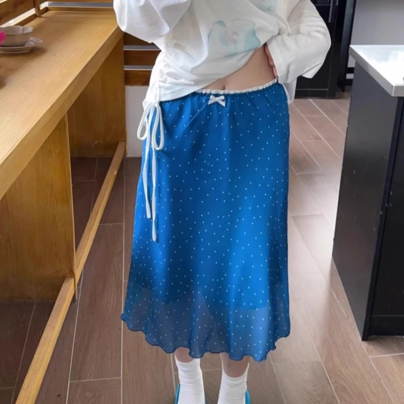 郭大喜-蝴蝶结蓝色波点半身裙夏高腰显瘦百搭a字中长款木耳边