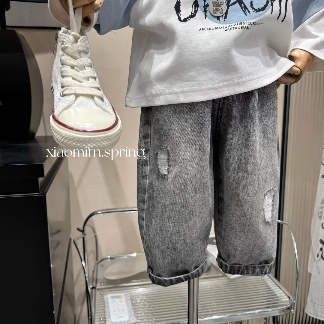 现货〃2025春季新款韩版工装做旧牛仔长裤儿男童时尚洋气百搭8806