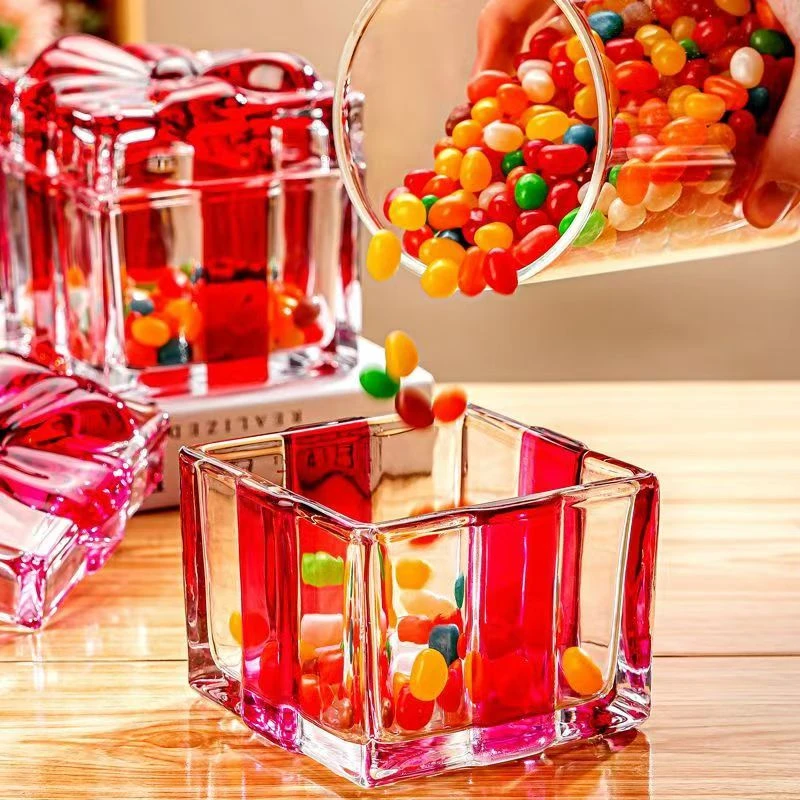 高颜值蝴蝶结创意方形玻璃糖果罐首饰盒带盖储物罐家用客厅糖果盒