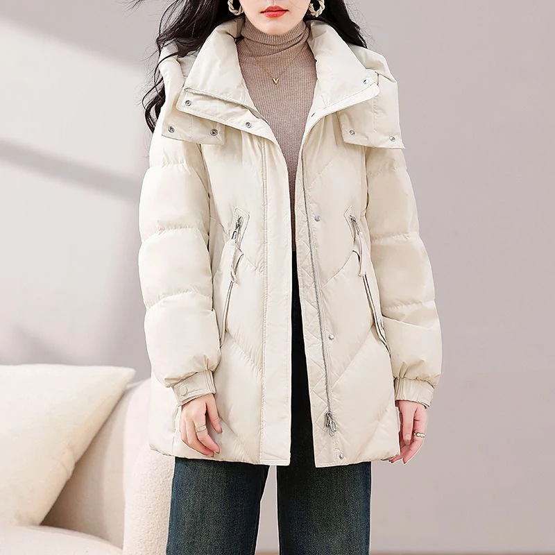 DUCURNO白色连帽羽绒服女冬季2026新款高端时尚洋气中长款加厚保