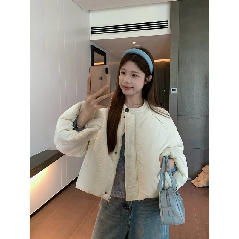 乌77韩系花苞袖圆领棉服女甜美风小个子短款宽松显瘦百搭保暖外套