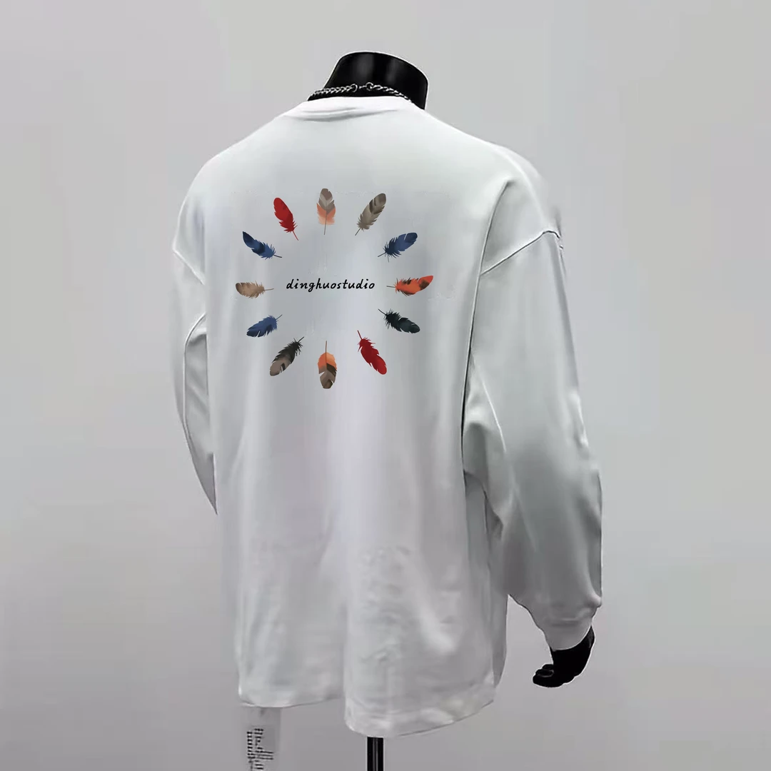 男长袖T恤纯棉重磅圆领长袖上衣潮流环绕羽毛印花百搭收口打底衫