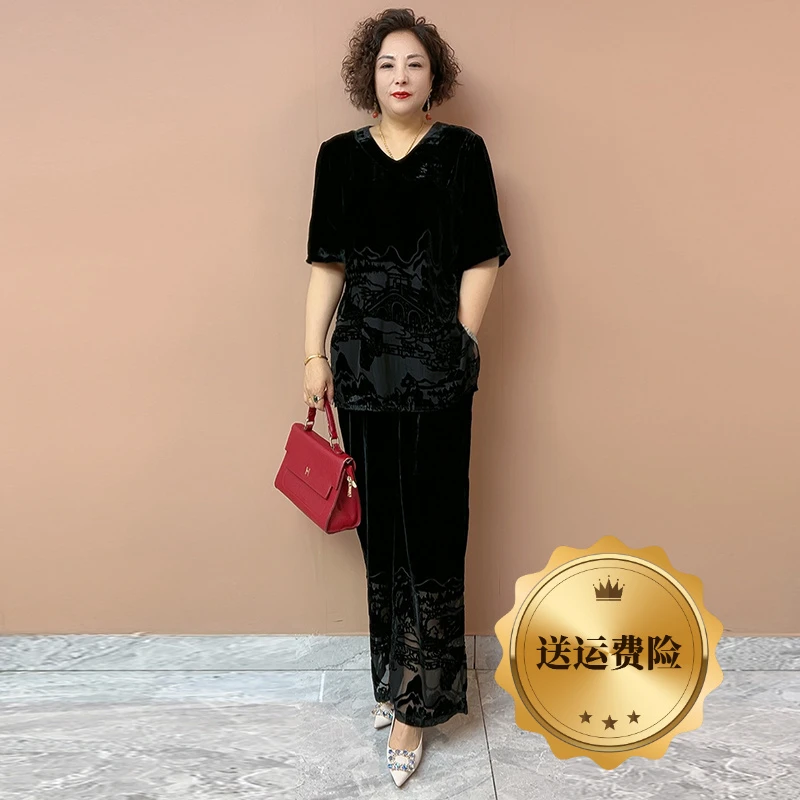 H夏季经典气质妈妈真丝绒烧花大码200斤两件套夏季时尚减龄套装