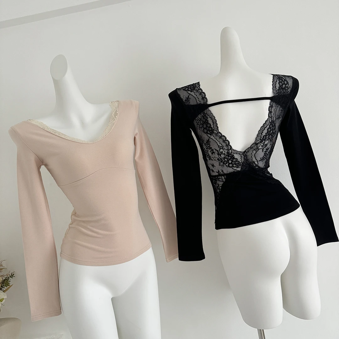 后背美炸蕾丝拼接v领性感打底衫秋冬御姐美背露背收腰显瘦女上衣