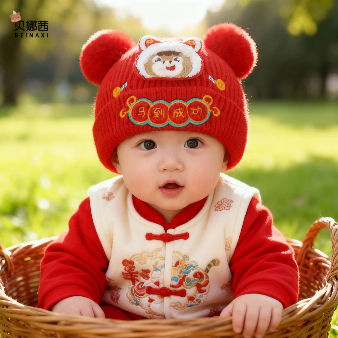 Beinaqian/贝娜茜婴儿帽子秋冬季宝宝红色喜庆过年帽洋气毛线帽