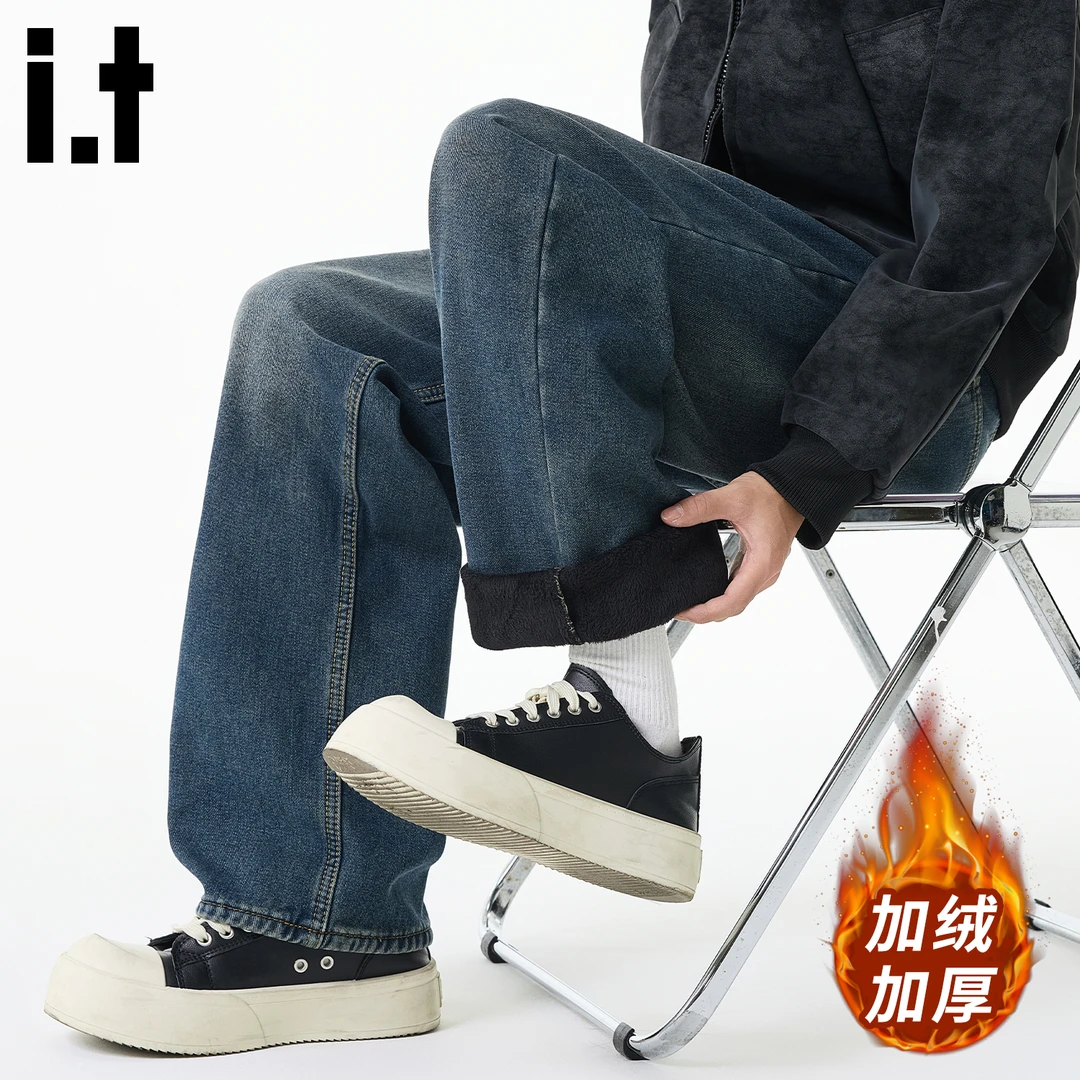 i.t:CHOCOOLATE美式潮牌牛仔裤男士秋冬款加绒加厚宽松百搭直筒裤